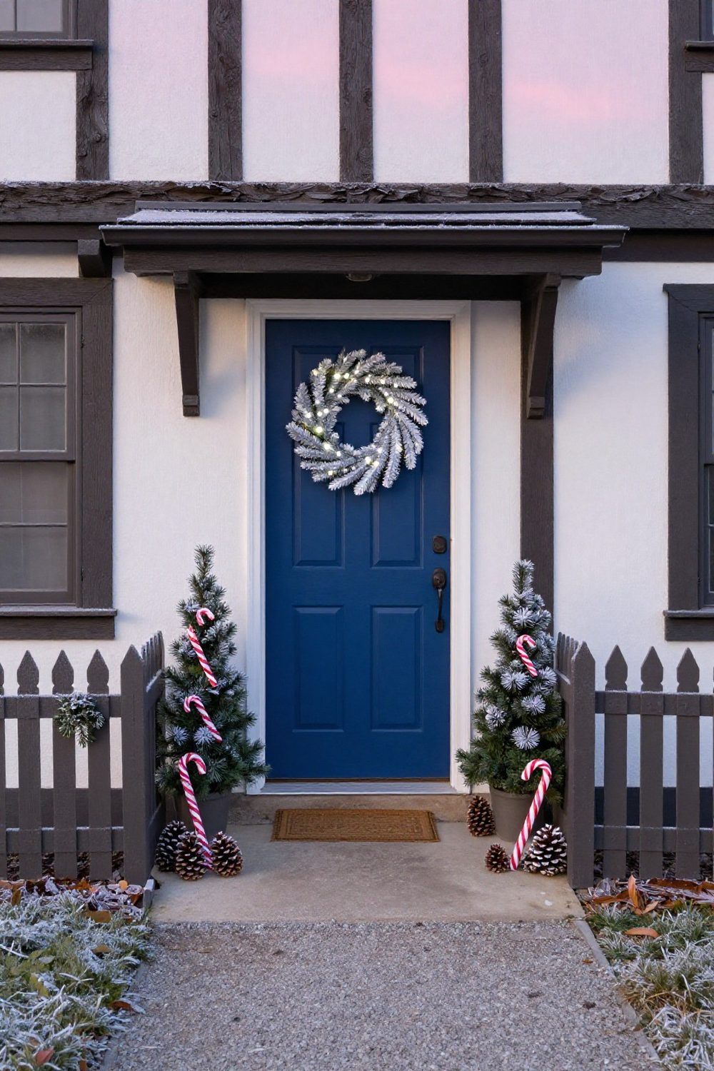 Blue front door with a silver and white winter wreath and white lights