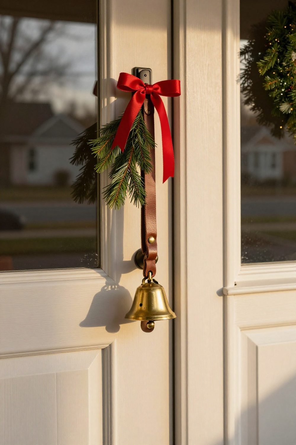 Front door with a jingle bell door hanger on a leather strap