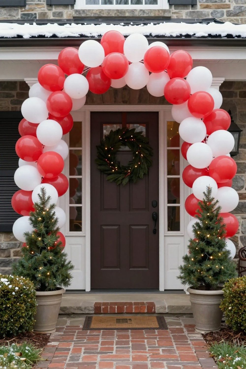 Front door with a garland arch made of balloons in red and white