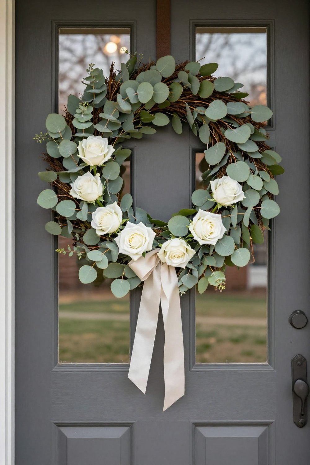 Front door with a wreath made of fresh eucalyptus and white roses