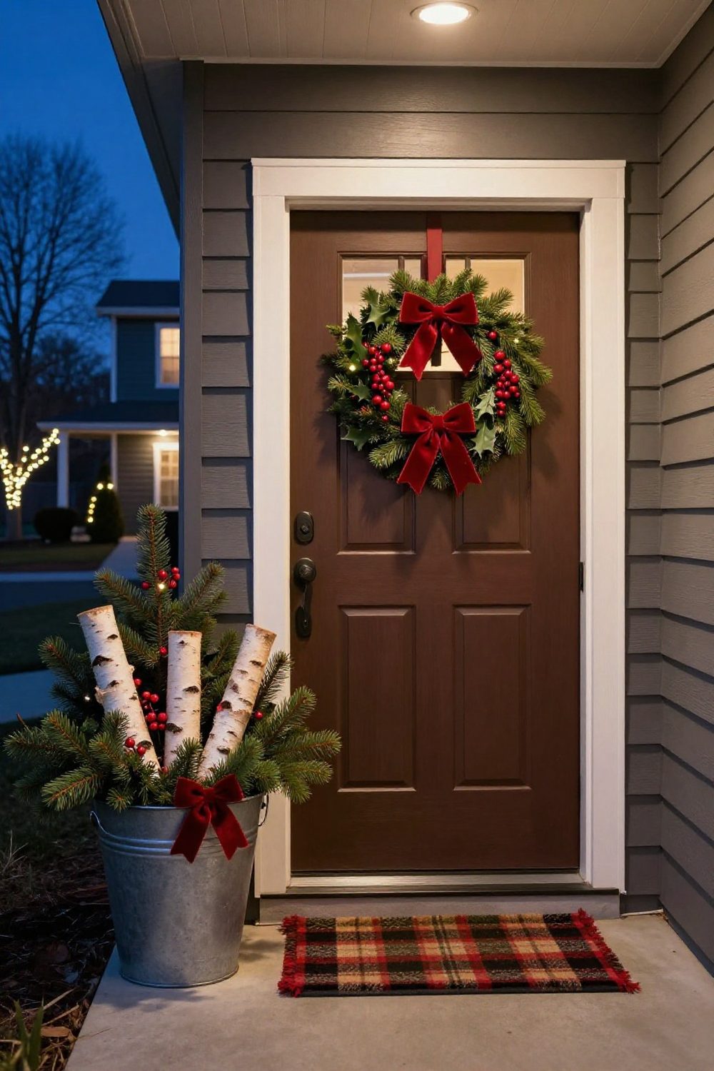 Front door with a large galvanized bucket filled with evergreen branches and birch logs beside it