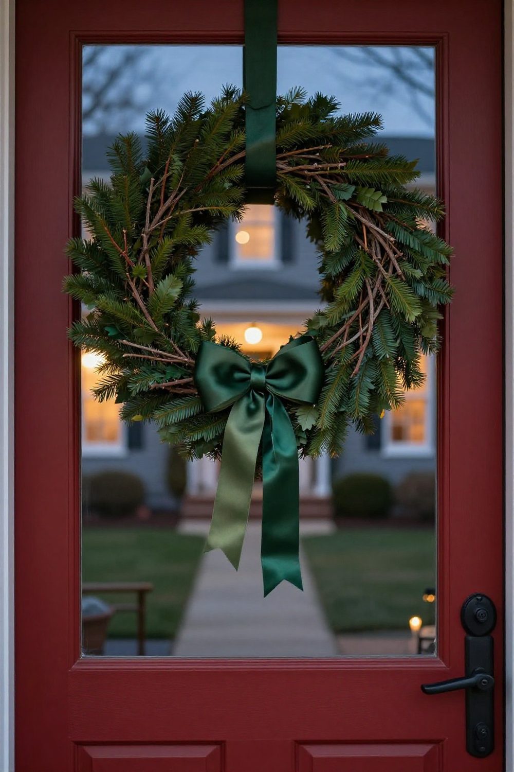 Front door with a wreath shaped like a star made of twigs