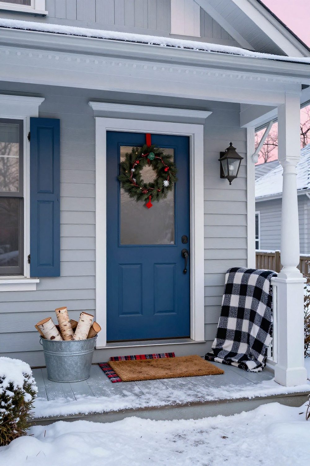 Front door with layered doormats, a plaid outdoor mat over a coir mat