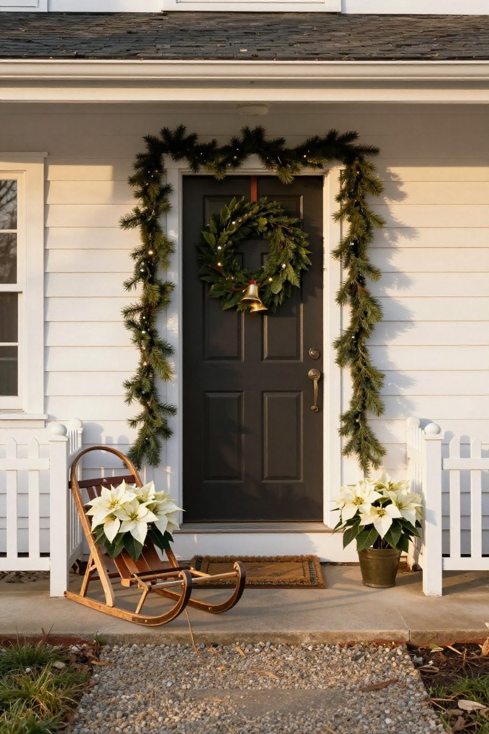 Front door with a garland draped asymmetrically from one corner down the side of the door frame