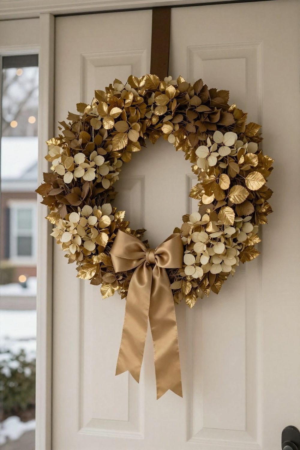 Close-up of a wreath of dried hydrangeas and gold-painted leaves on a cream front door
