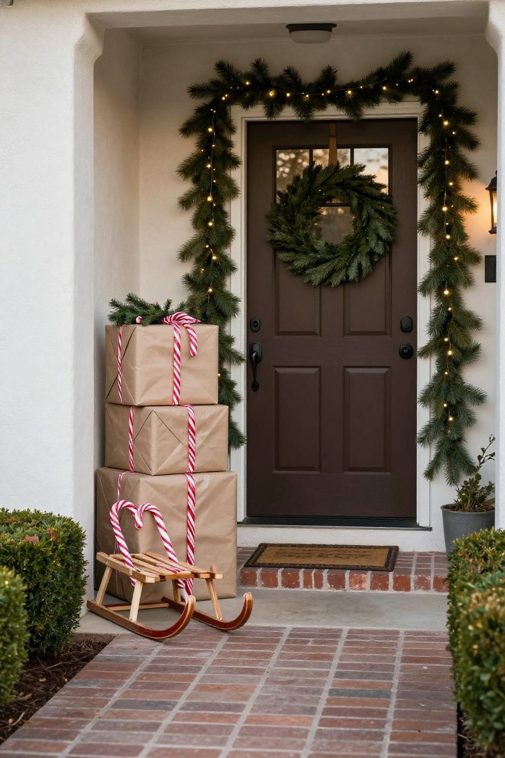 Front door with large gift boxes wrapped in waterproof paper stacked beside it