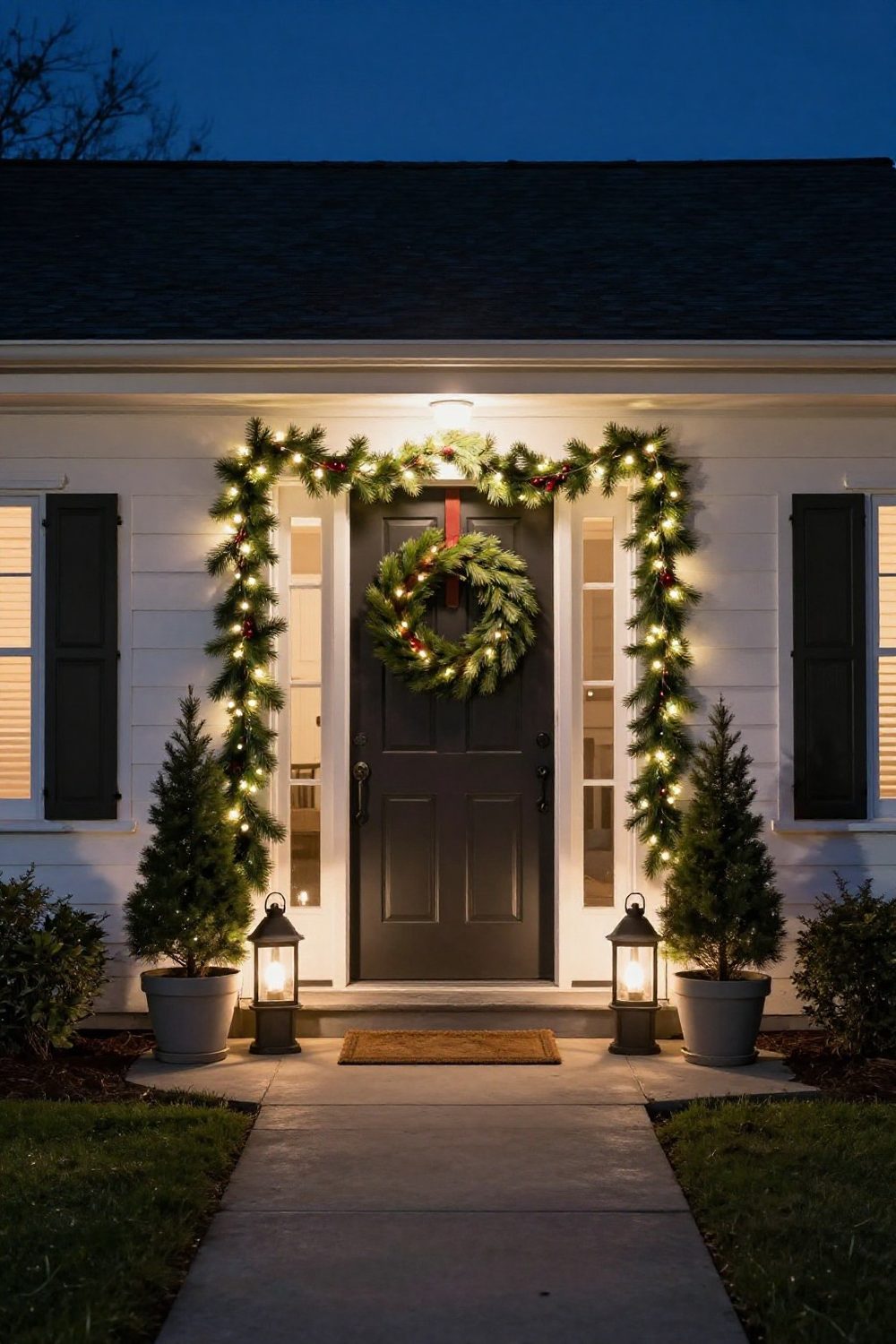 Front door lit by a spotlight at night with a wreath and garland glowing