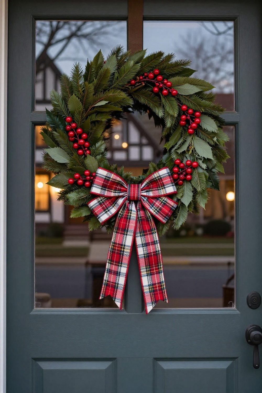 Front door with a wreath of plaid fabric bows and red berries