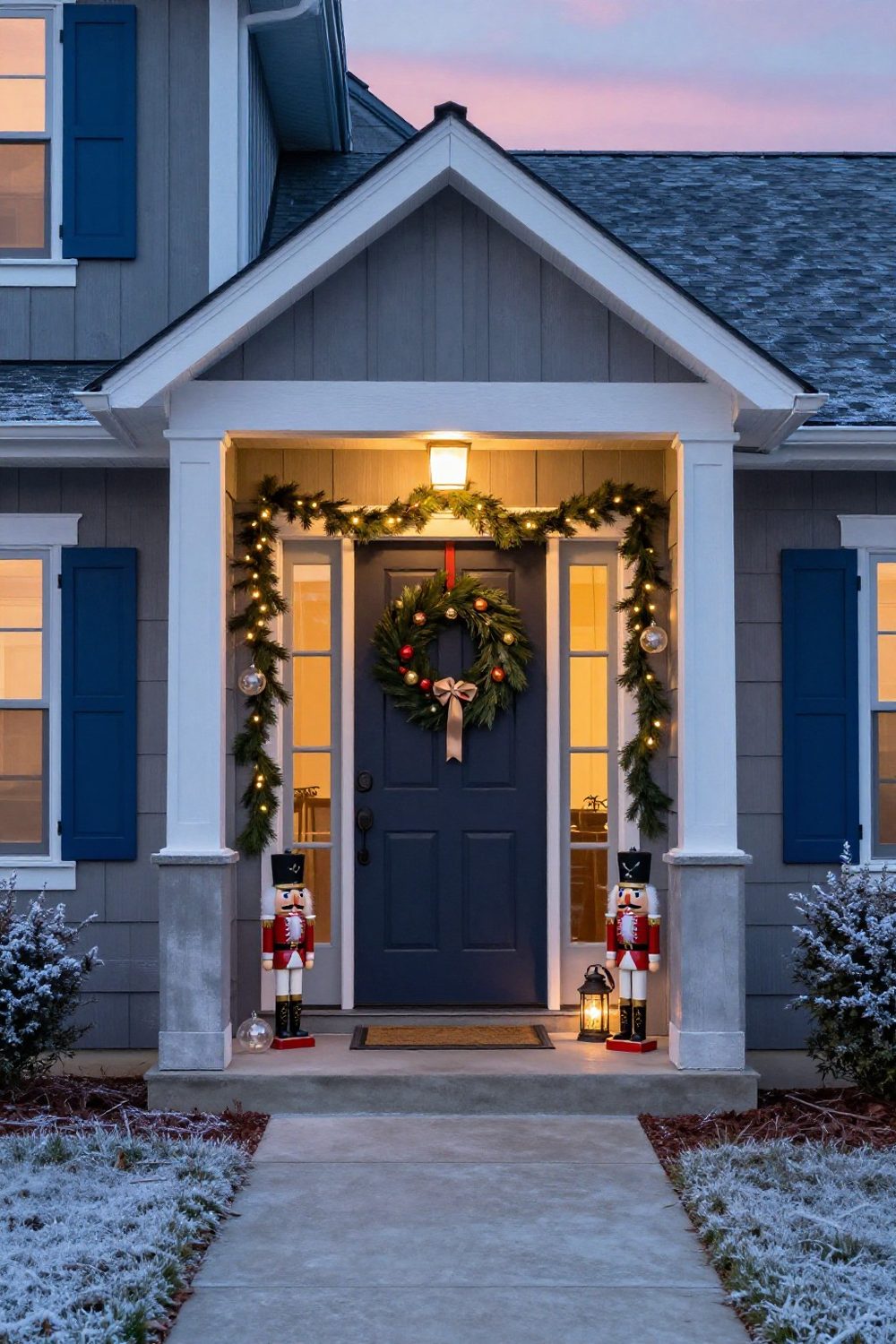 Welcoming front door at dusk with a wreath, garland, lanterns and warm porch light