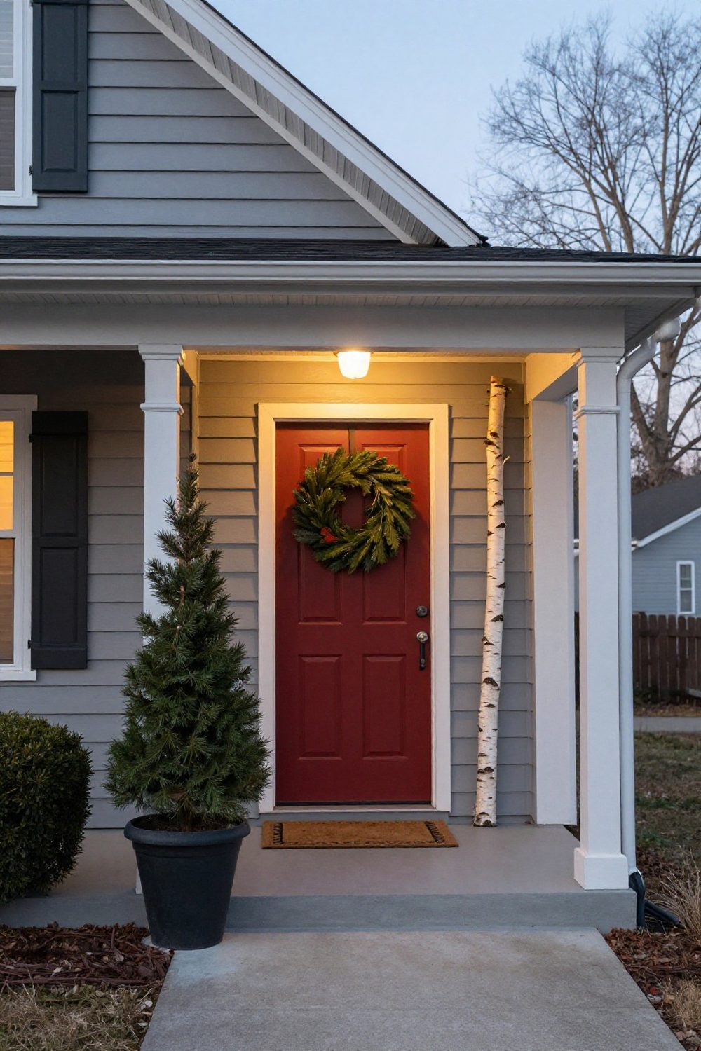 Small front porch with a wreath, one tall planter and a layered doormat for Christmas