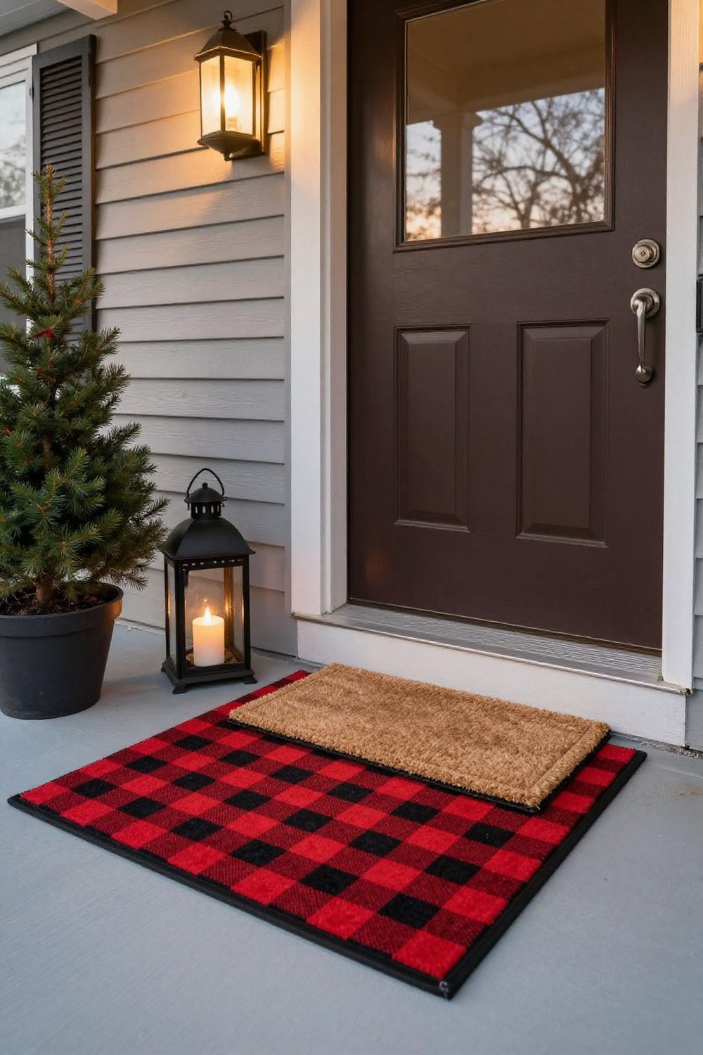 Layered doormats with a buffalo check rug under a coir Christmas mat at a front door