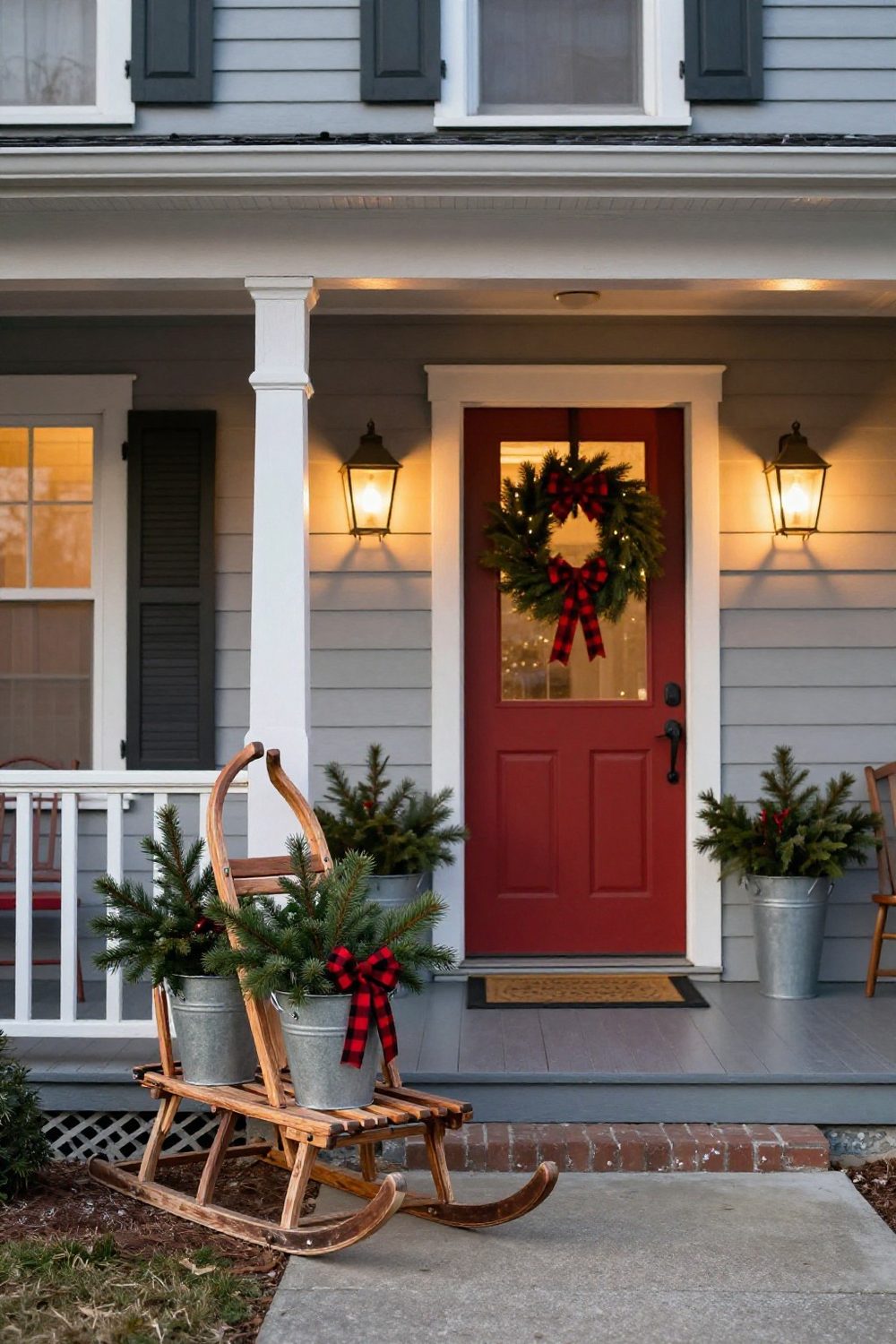 Farmhouse front porch with a wooden sled, galvanized buckets of greenery and plaid ribbon