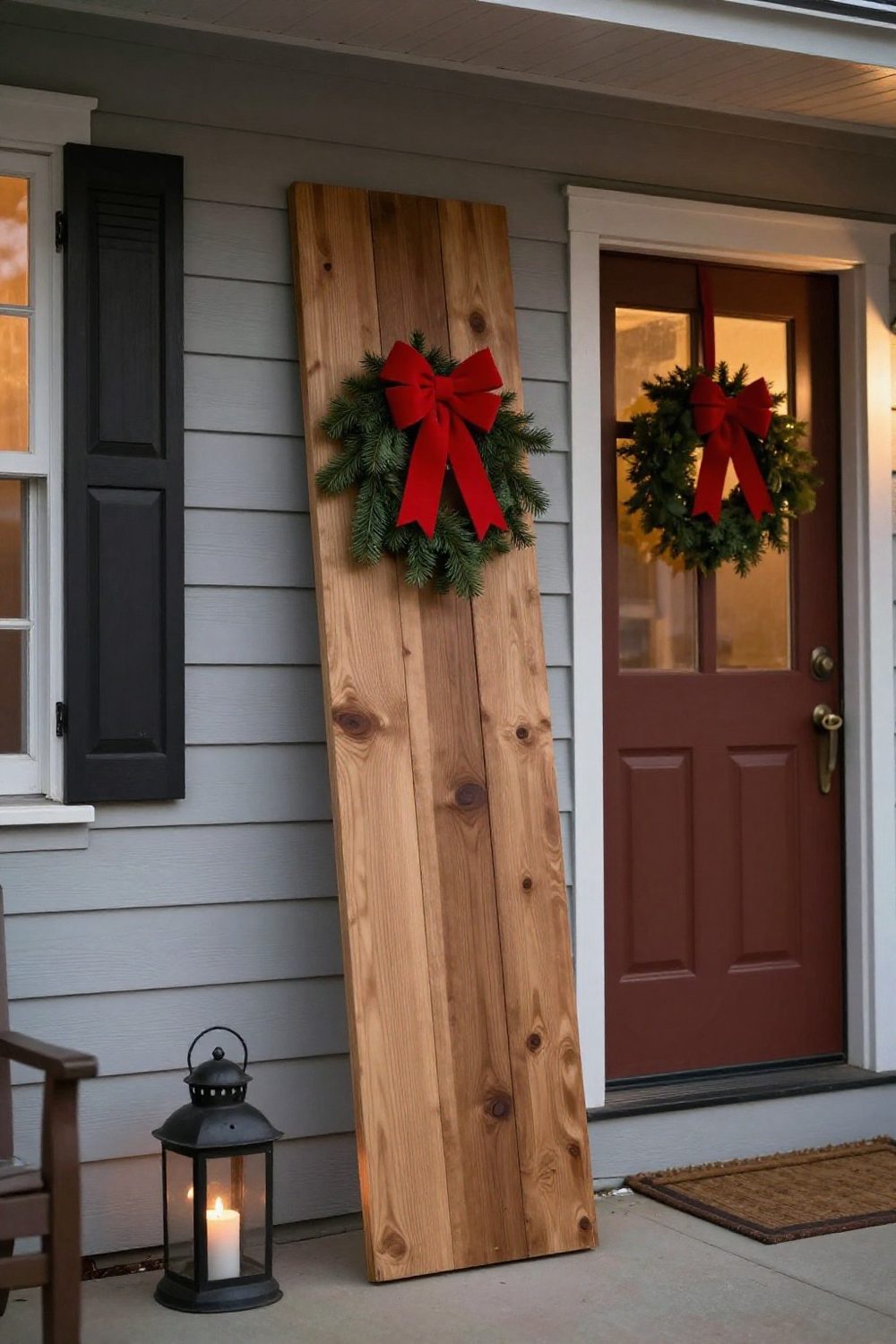 Wooden porch sign with a pine garland, used as a Christmas front porch decoration without text visible