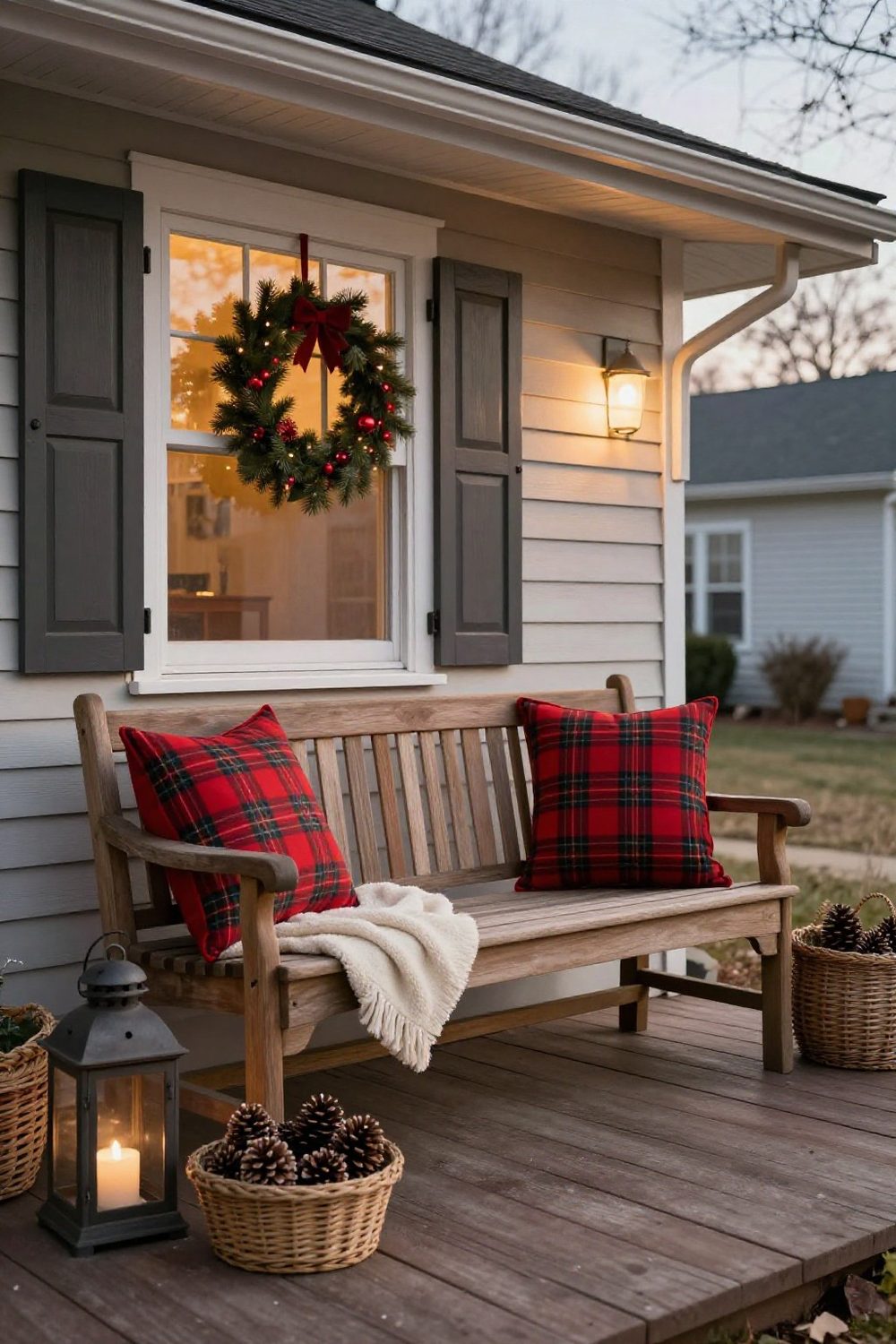 Front porch bench with plaid pillows, a throw and a basket of pinecones for Christmas