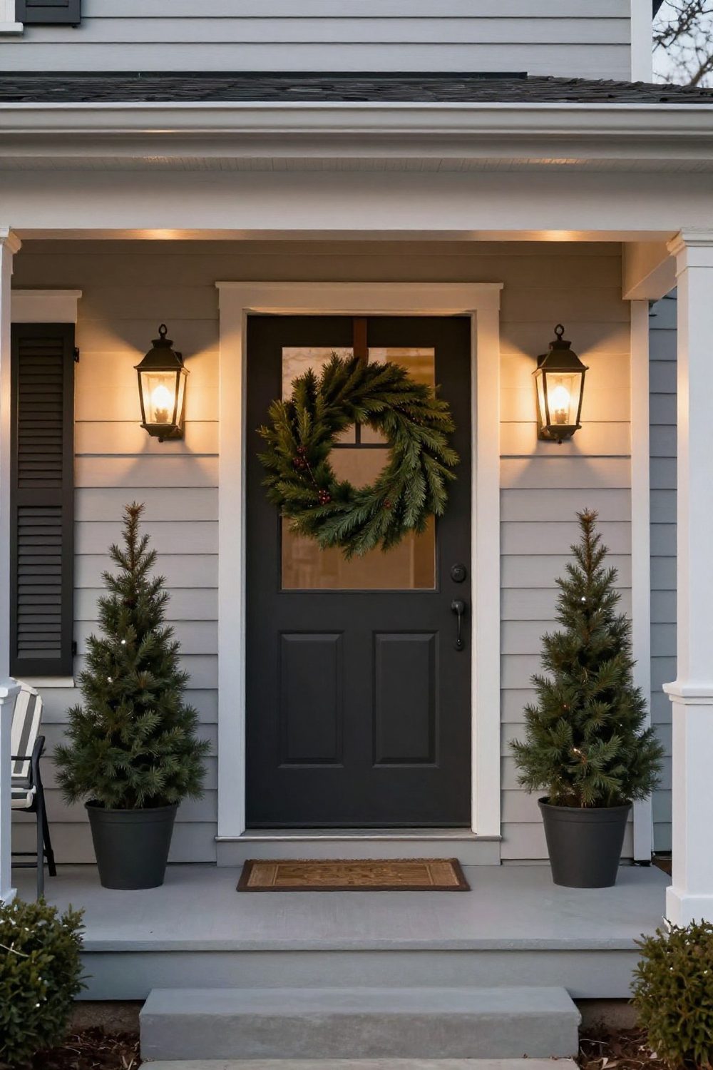 Simple front porch with only a wreath and two lanterns for a minimal Christmas look