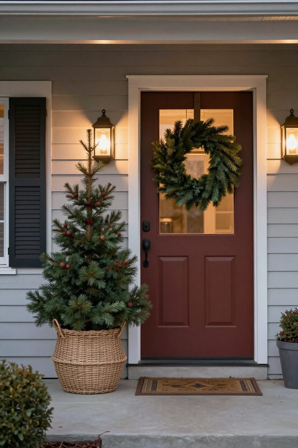 Budget Christmas porch decorated with cut pine branches in a basket and a DIY wreath