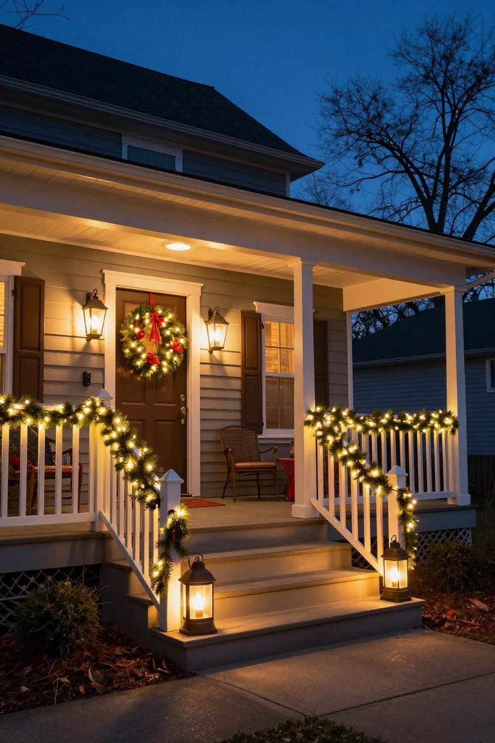 Front porch decorated for Christmas at night with warm lights, wreath and lanterns glowing