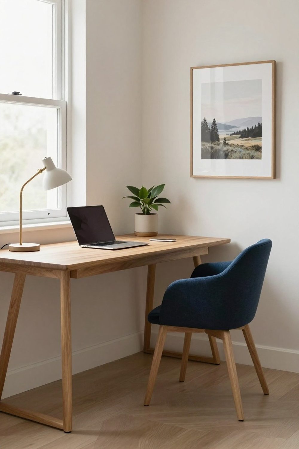 Home office with a wooden desk placed beside a window, a task lamp, a plant and art on the wall