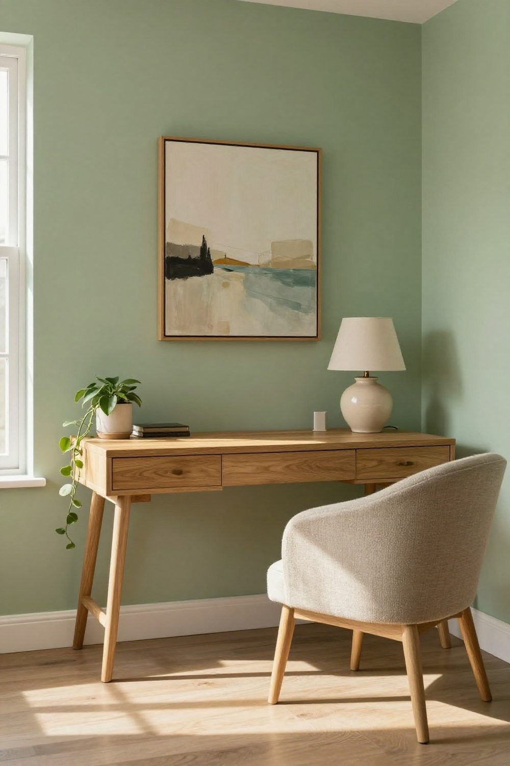 Home office with walls painted a calm sage green and a light oak desk