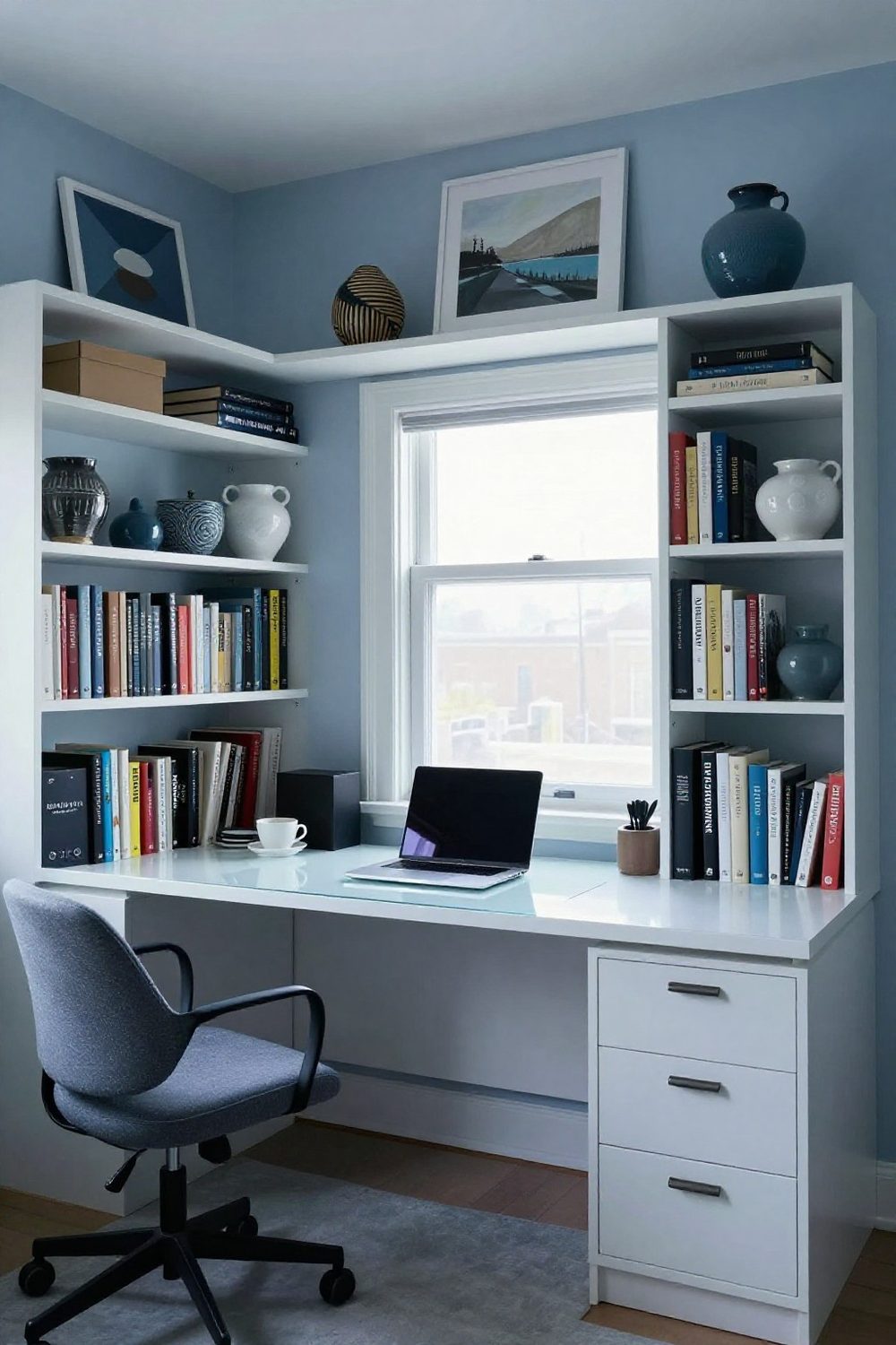 Built-in bookshelves around a desk in a home office, styled with books and pottery
