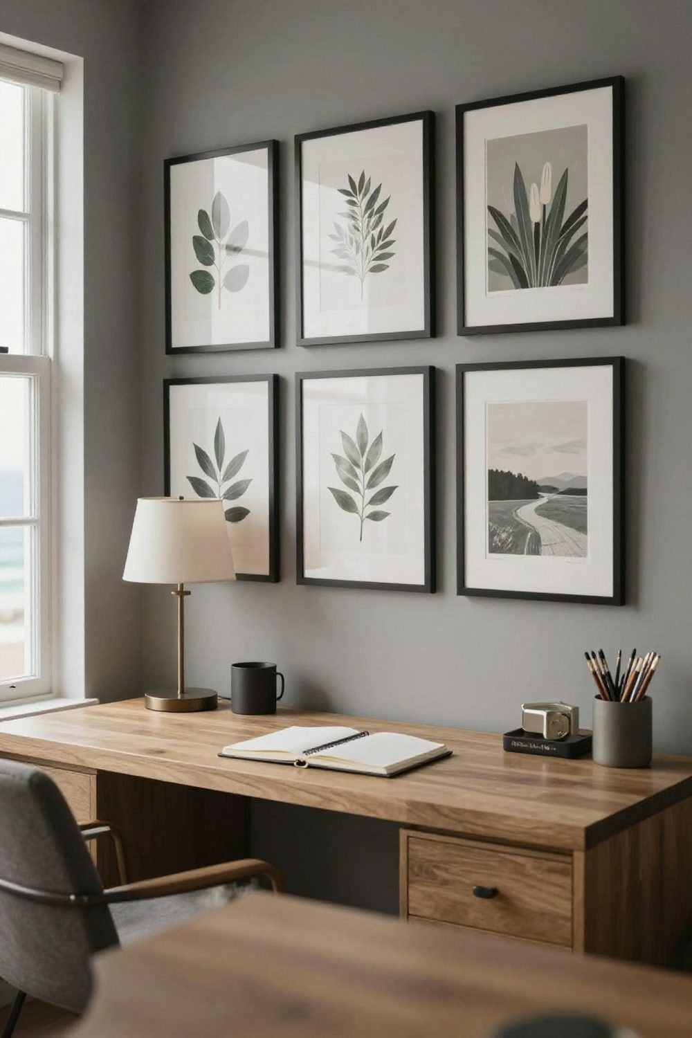Gallery wall of framed prints above a home office desk