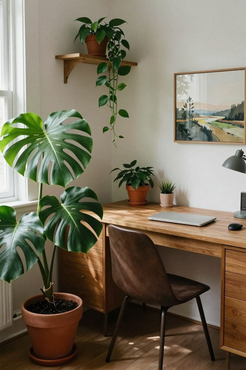 Home office with large leafy plants beside the desk and on a shelf