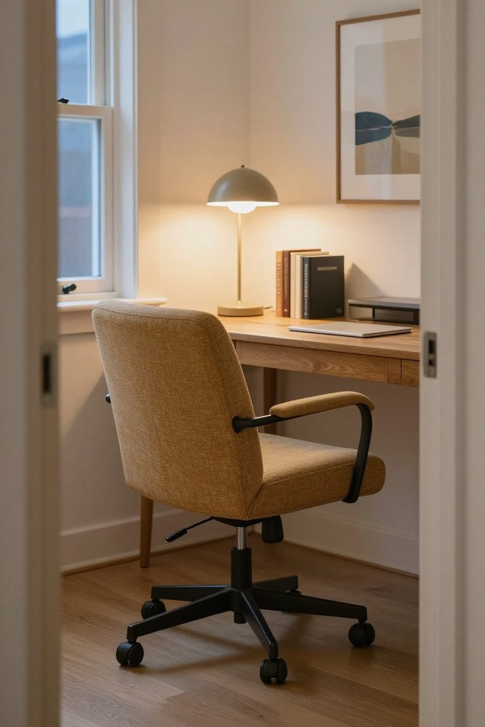 Comfortable upholstered desk chair at a wooden desk in a home office