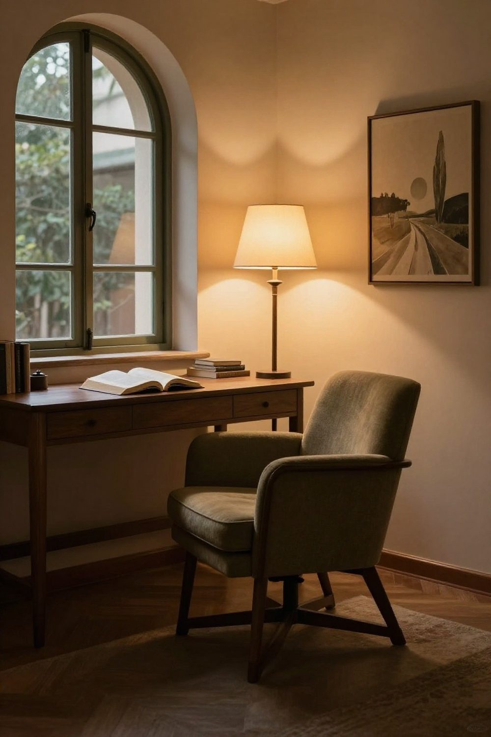 Home office corner with a reading armchair and floor lamp next to the desk
