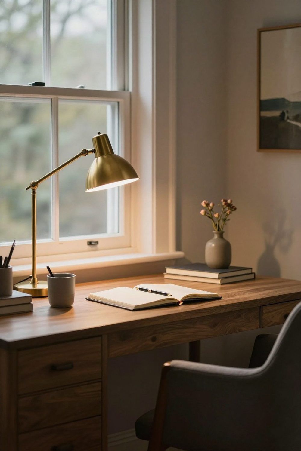 Desk with a brass task lamp, a pen cup, a notebook and a small vase