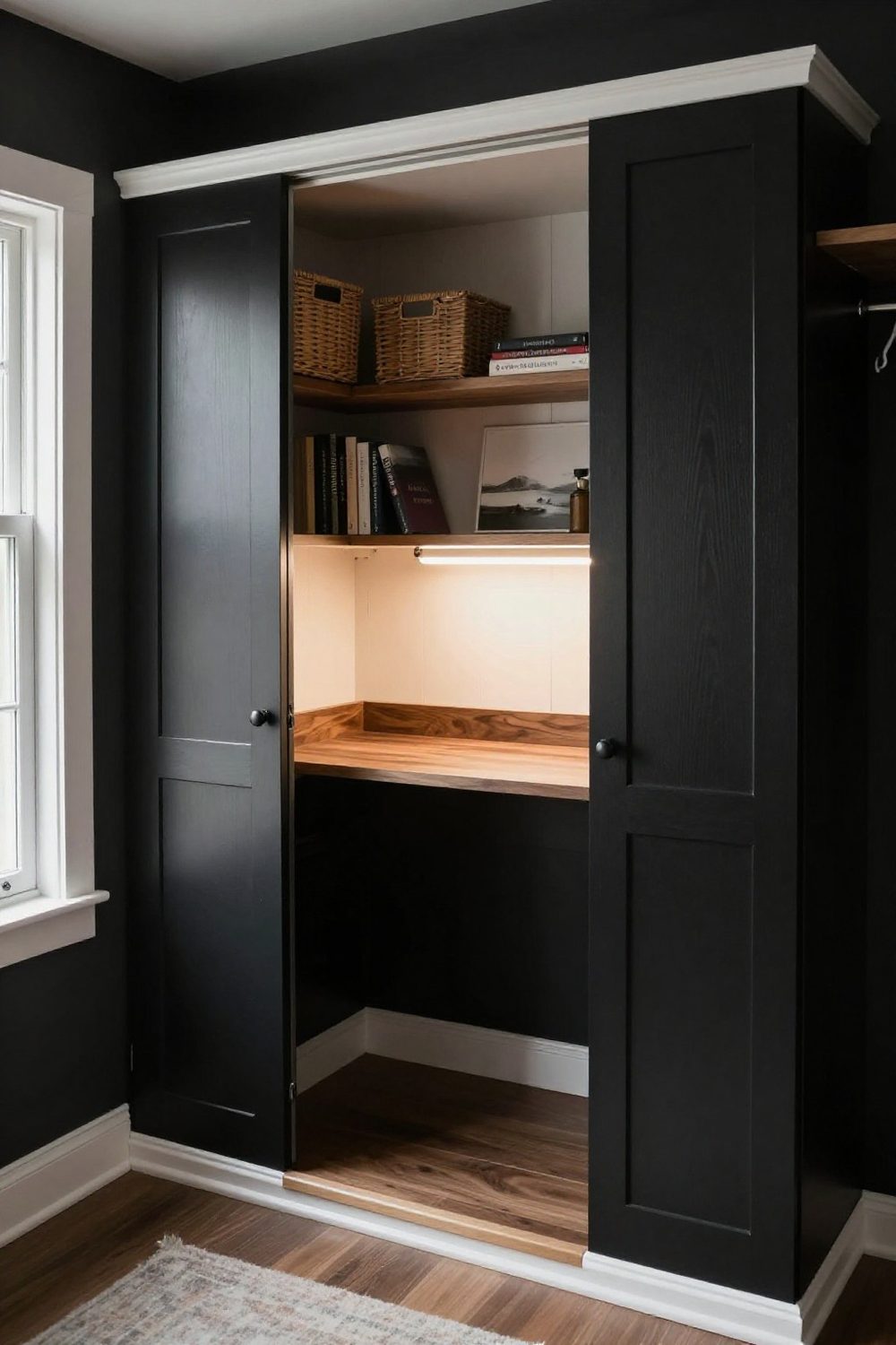 Closet converted into a small home office nook with a built-in desk and shelves