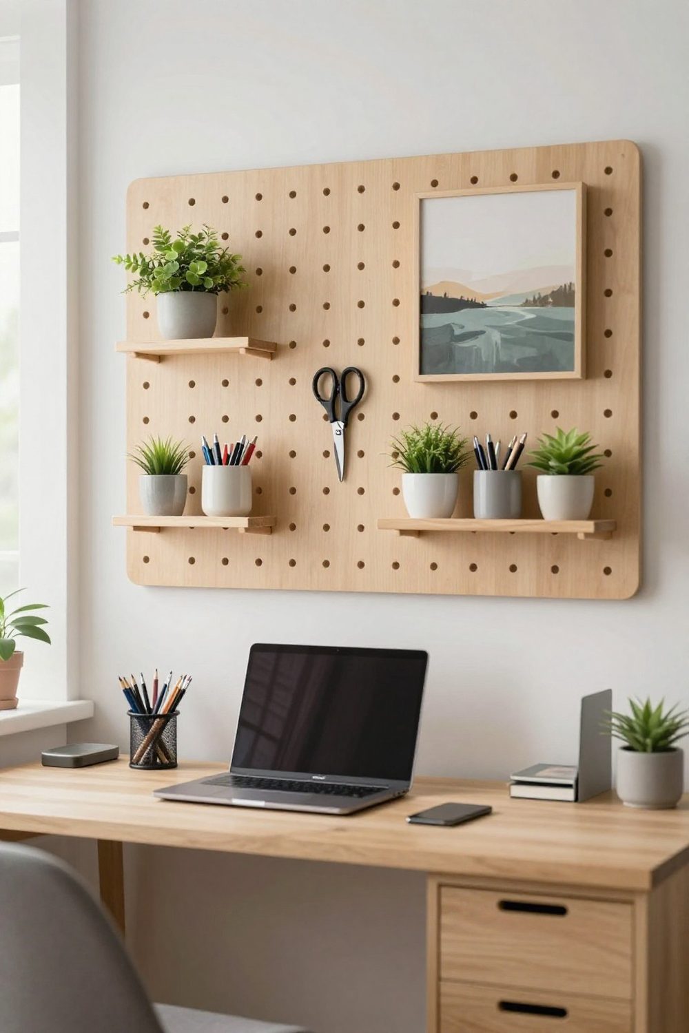 Home office with a pegboard wall above the desk holding supplies and small plants
