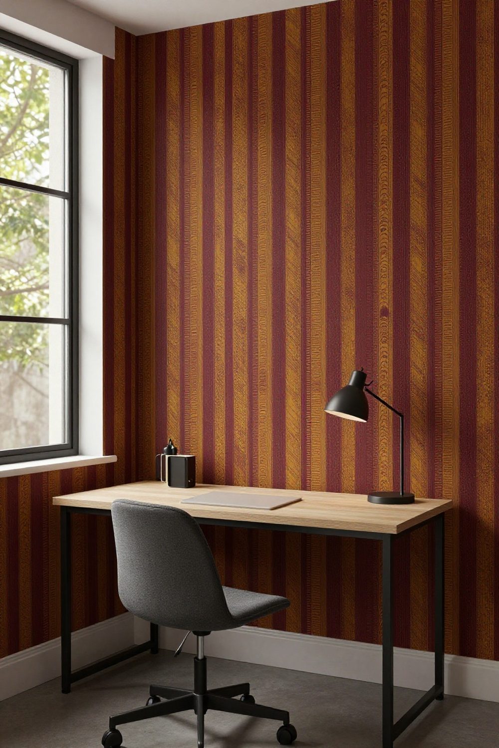 Home office with patterned wallpaper on one wall behind the desk