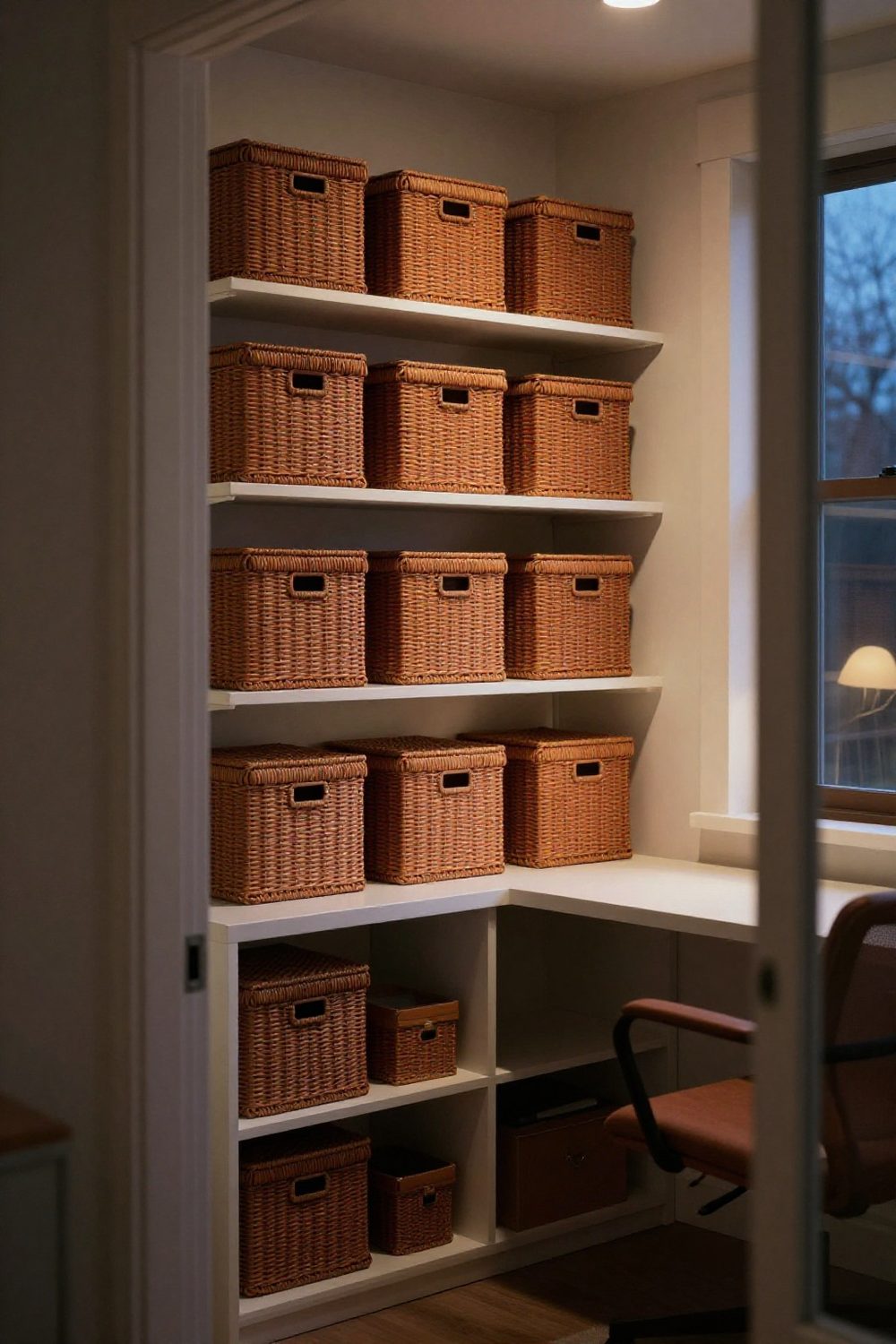 Desk with woven baskets and lidded boxes on open shelves for storage