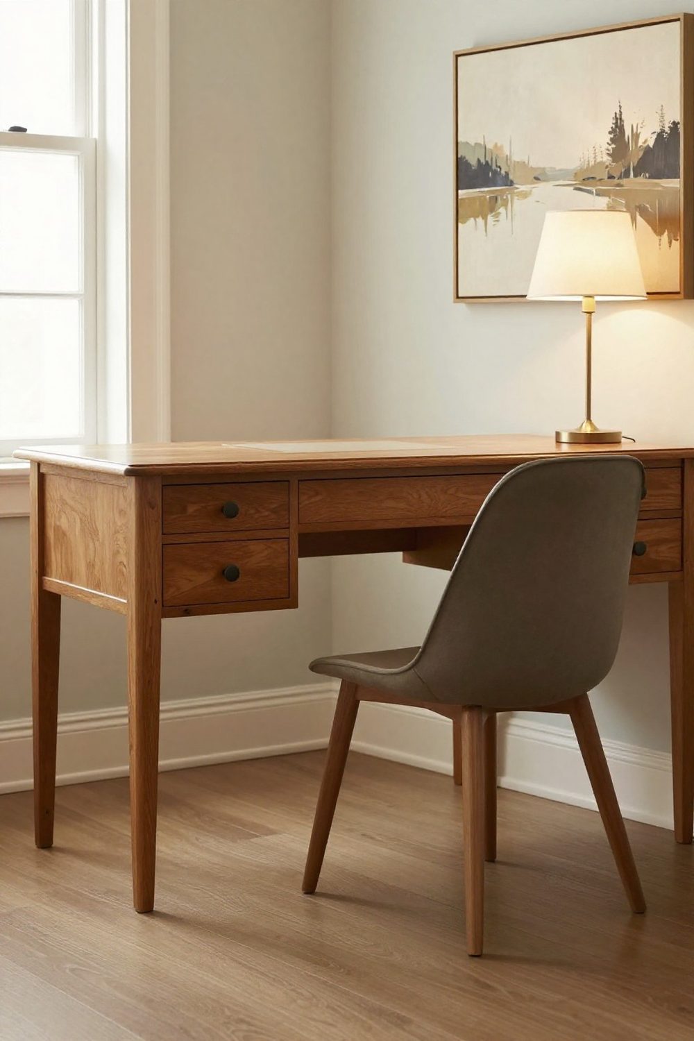 Home office with a vintage wooden desk and a modern chair