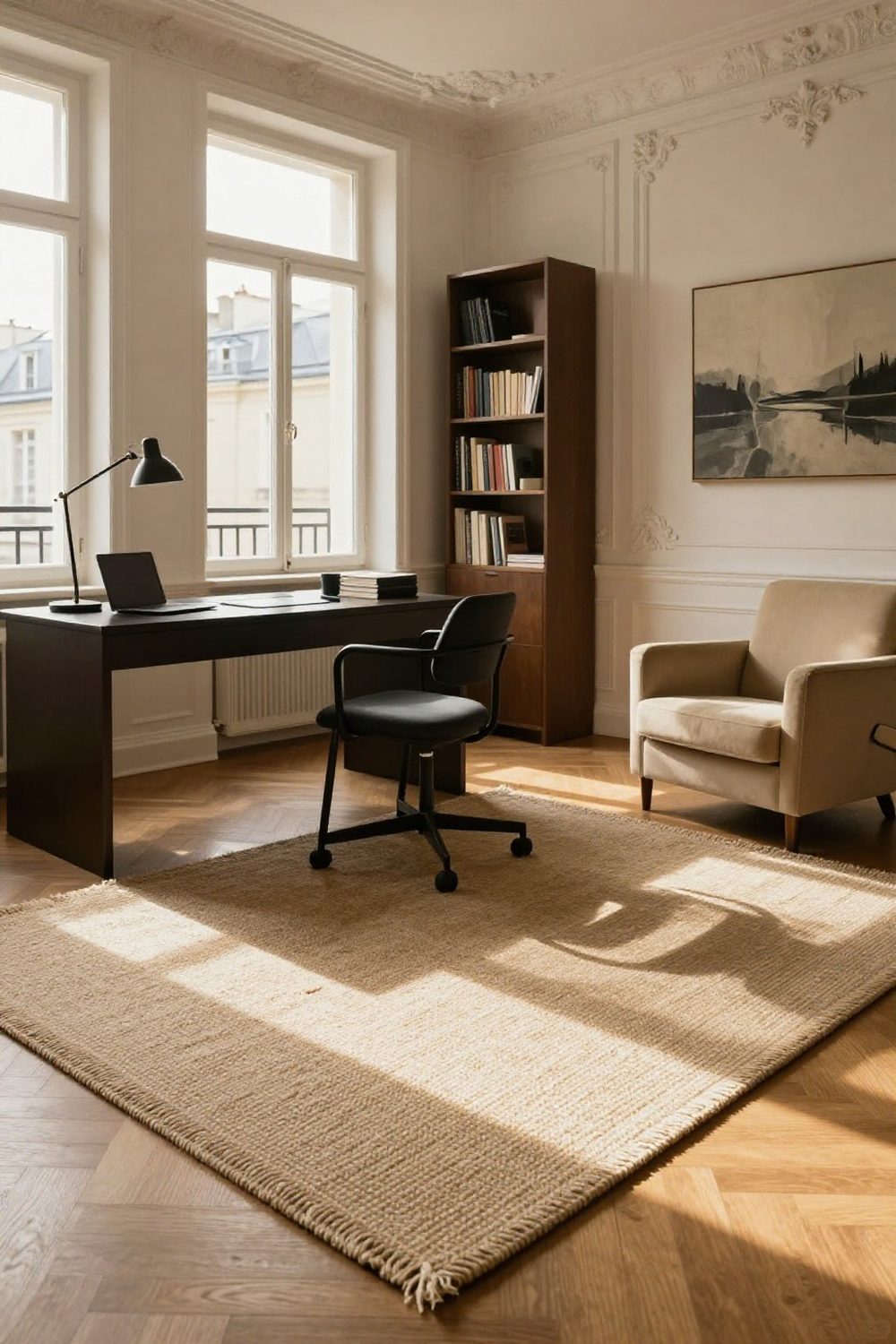 Home office with a large wool rug under the desk and chair