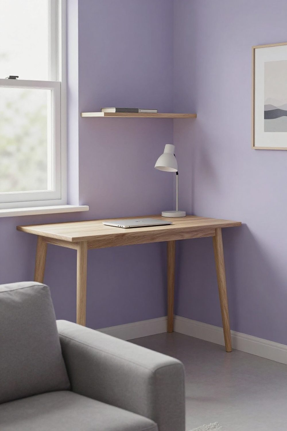 Small home office in a corner of a living room with a slim desk and a floating shelf