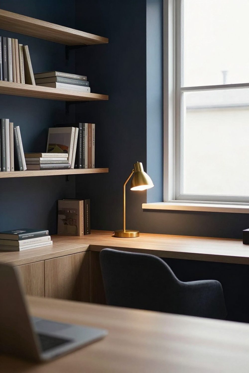 Home office with dark moody navy walls and warm brass lighting