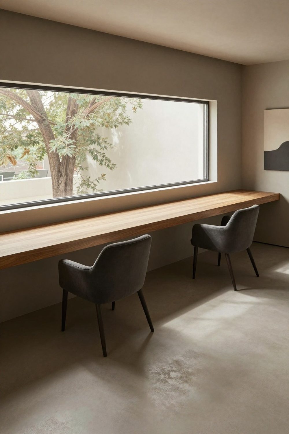 Desk under a window with a long floating desktop spanning the whole wall