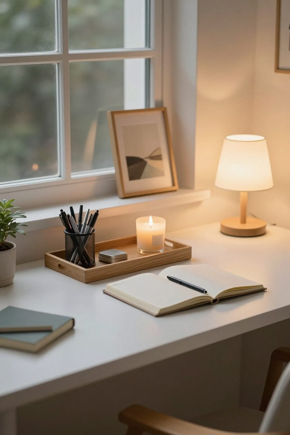 Desk styled with a tray holding pens, a candle and a small plant