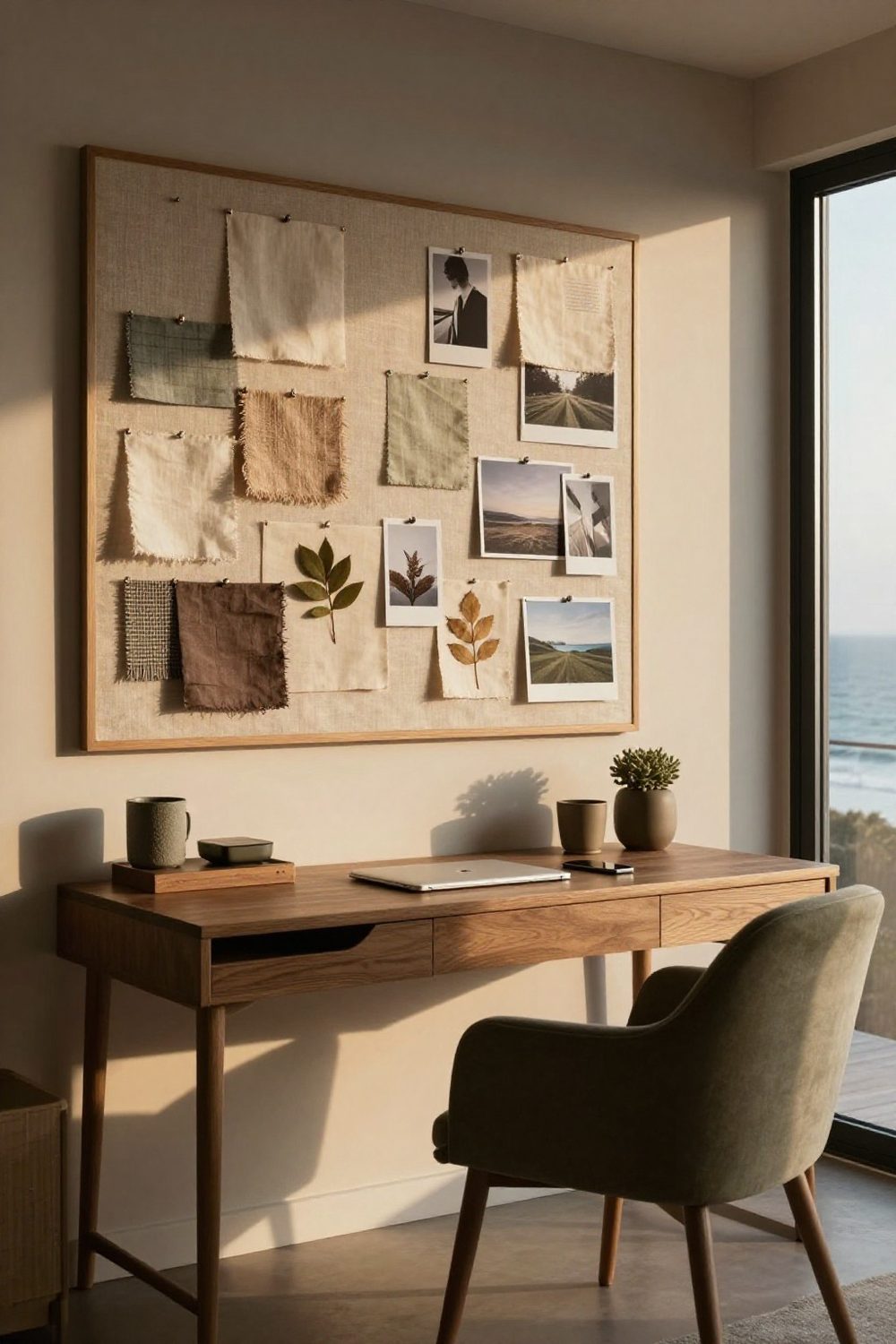 Home office with a large corkboard covered in fabric for notes and inspiration