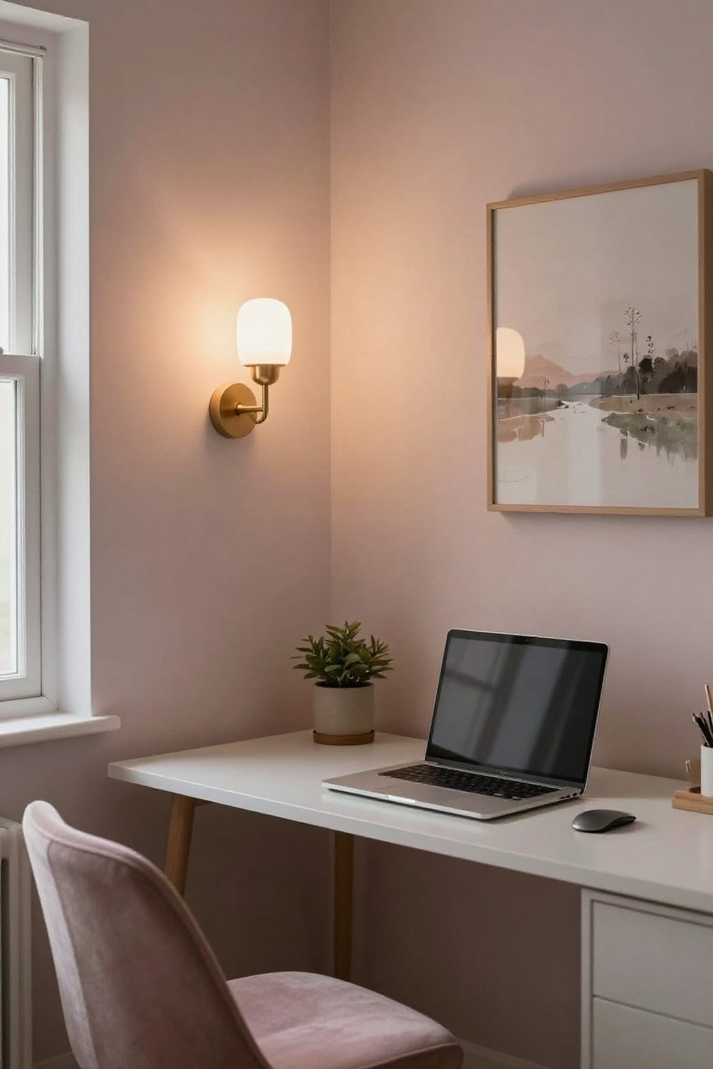Home office with a wall-mounted sconce lighting the desk area at evening