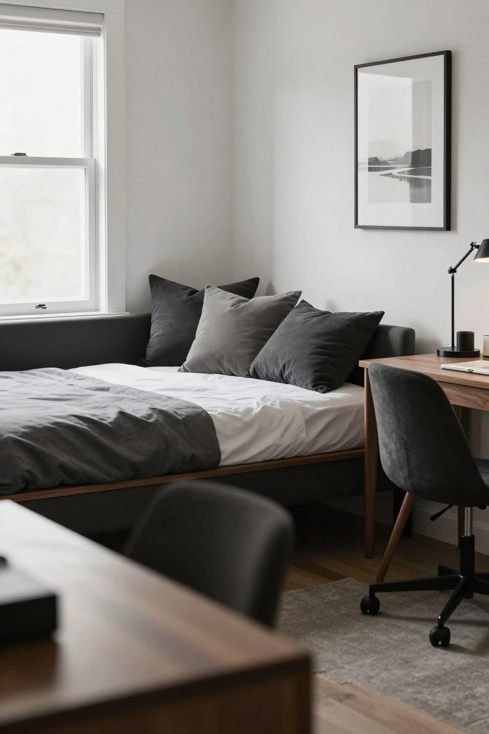 Home office with a daybed or sofa for guests along one wall
