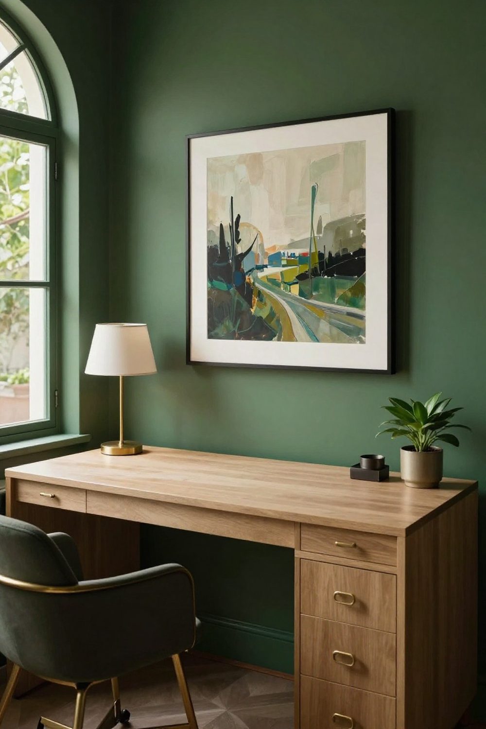 Minimal home office with a clean desk, one artwork and a single plant