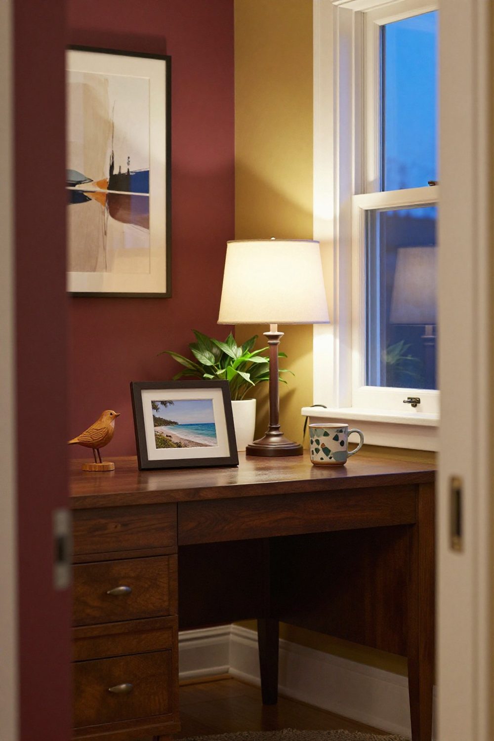 Personal home office desk with family photos, a souvenir and a favorite mug