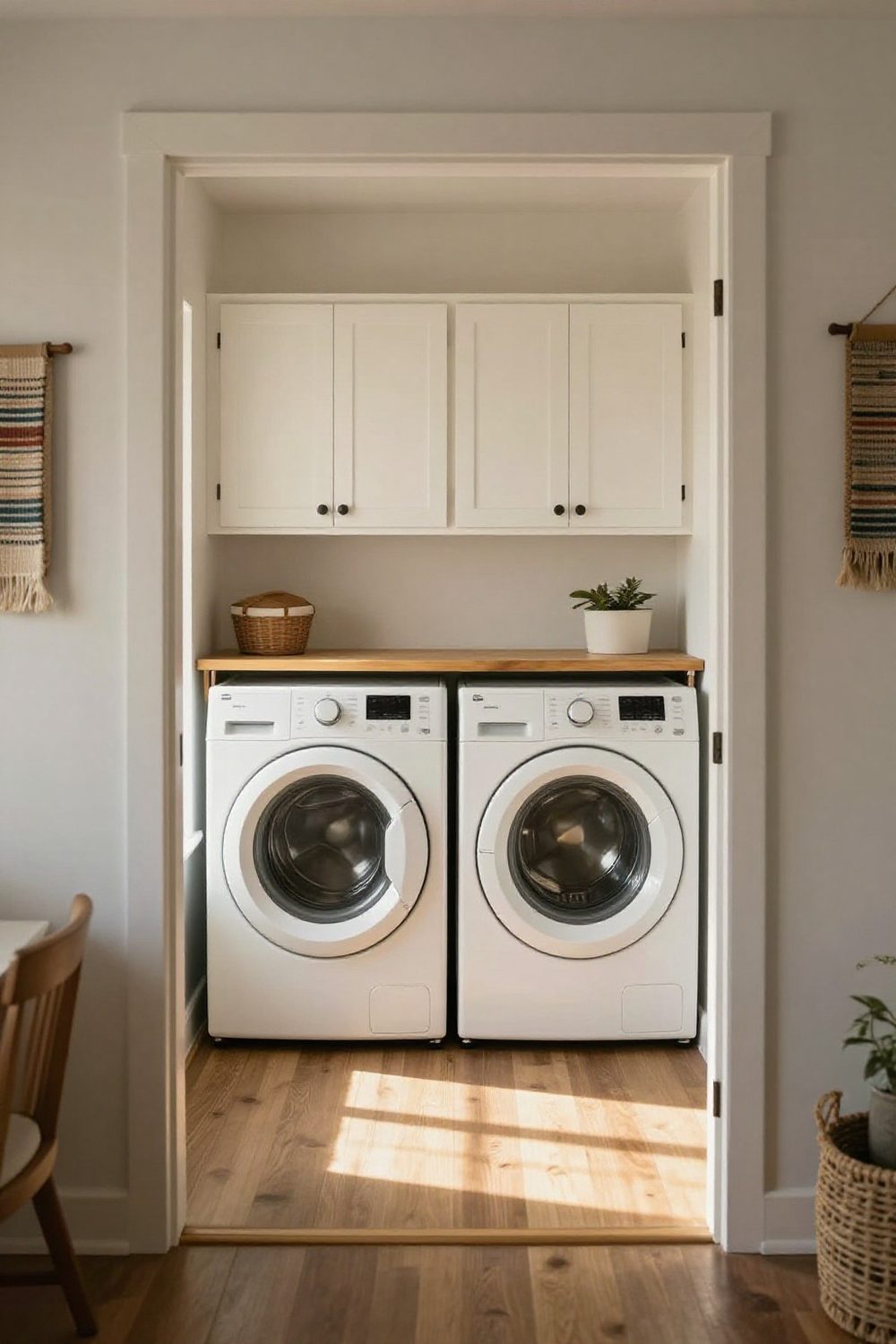 Bright laundry room with white cabinets, front-loading washer and dryer and a wood folding counter above them