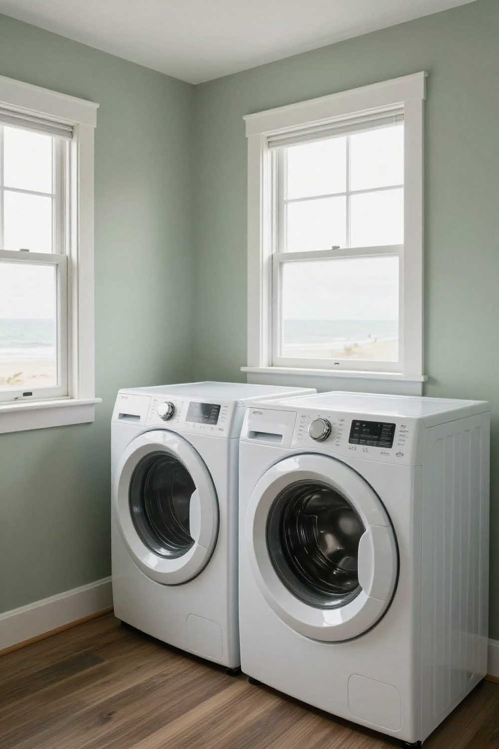 Laundry room painted a soft sage green with white trim and wood accents