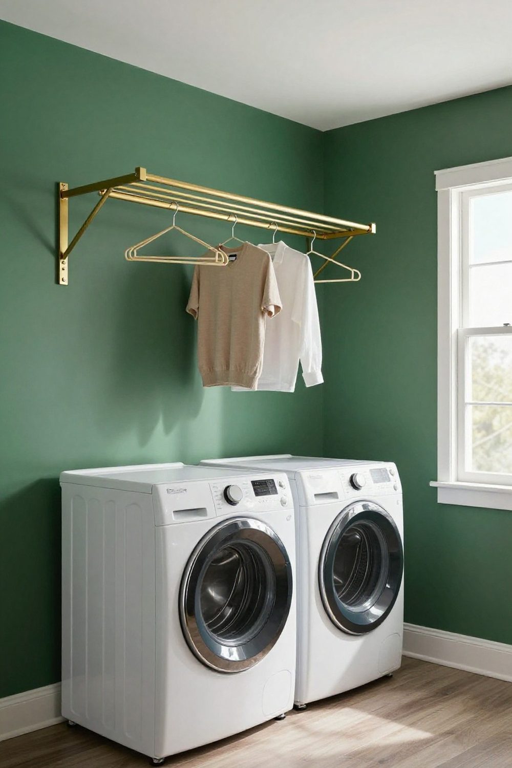 Wall-mounted drying rack and hanging rod with clothes hangers in a laundry room