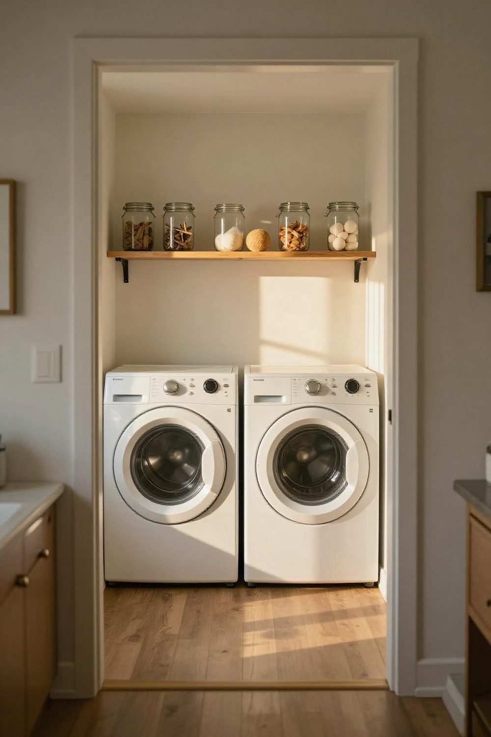Glass jars with clothespins and dryer balls on a laundry room shelf