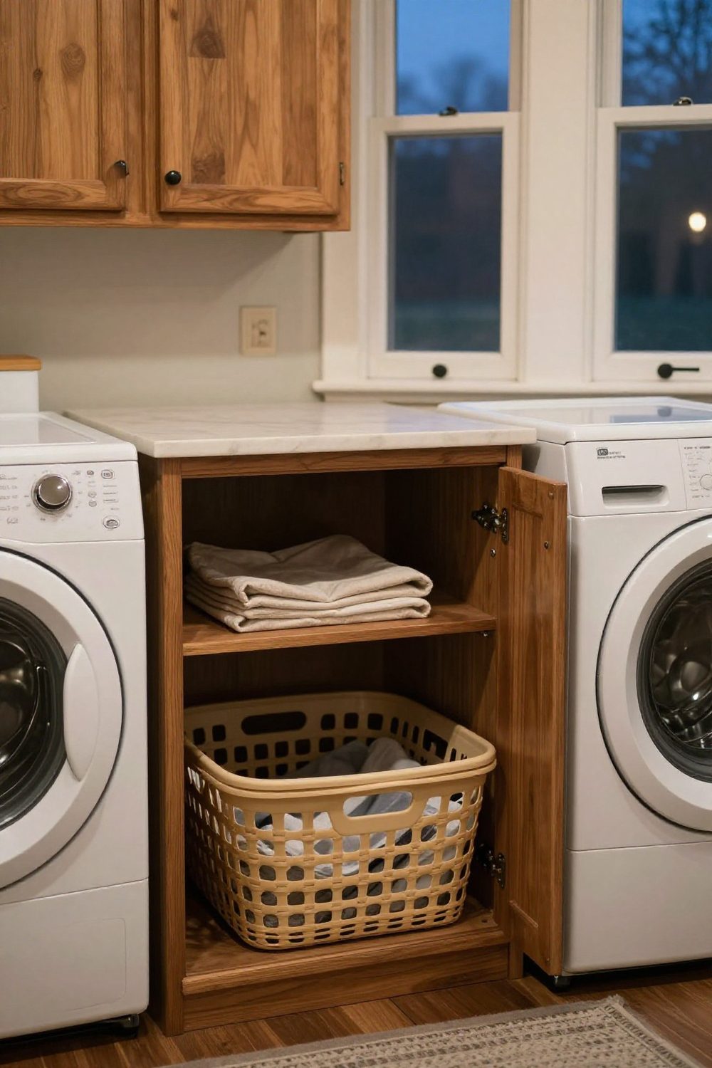 Laundry sorting baskets in a wooden cabinet near the laundry room door