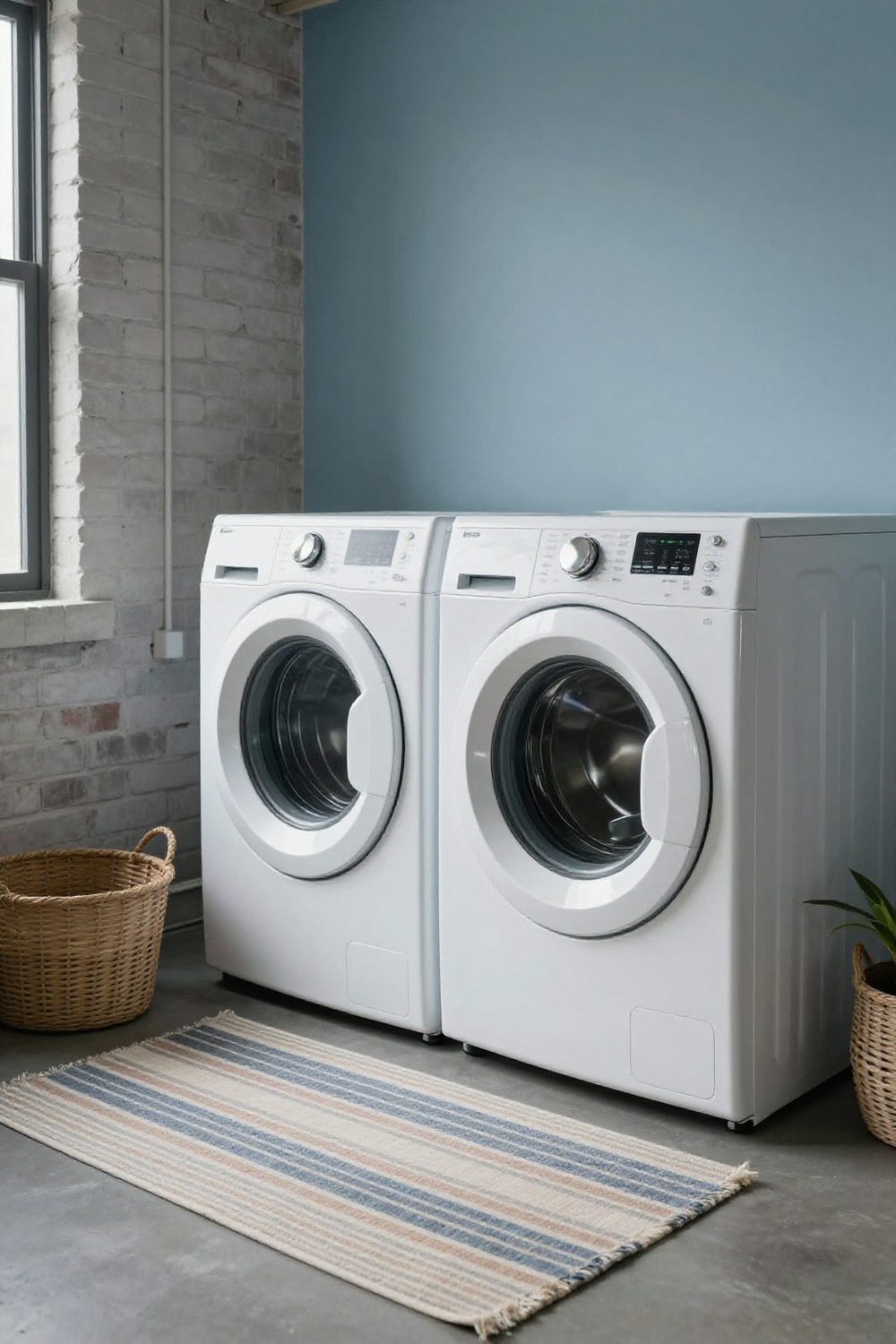 Washable runner rug in front of a washer and dryer in a laundry room